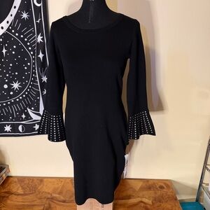Nina Leonard S NWT Crew Neck Sweater Dress Black w/ Silver Sunburst Studded